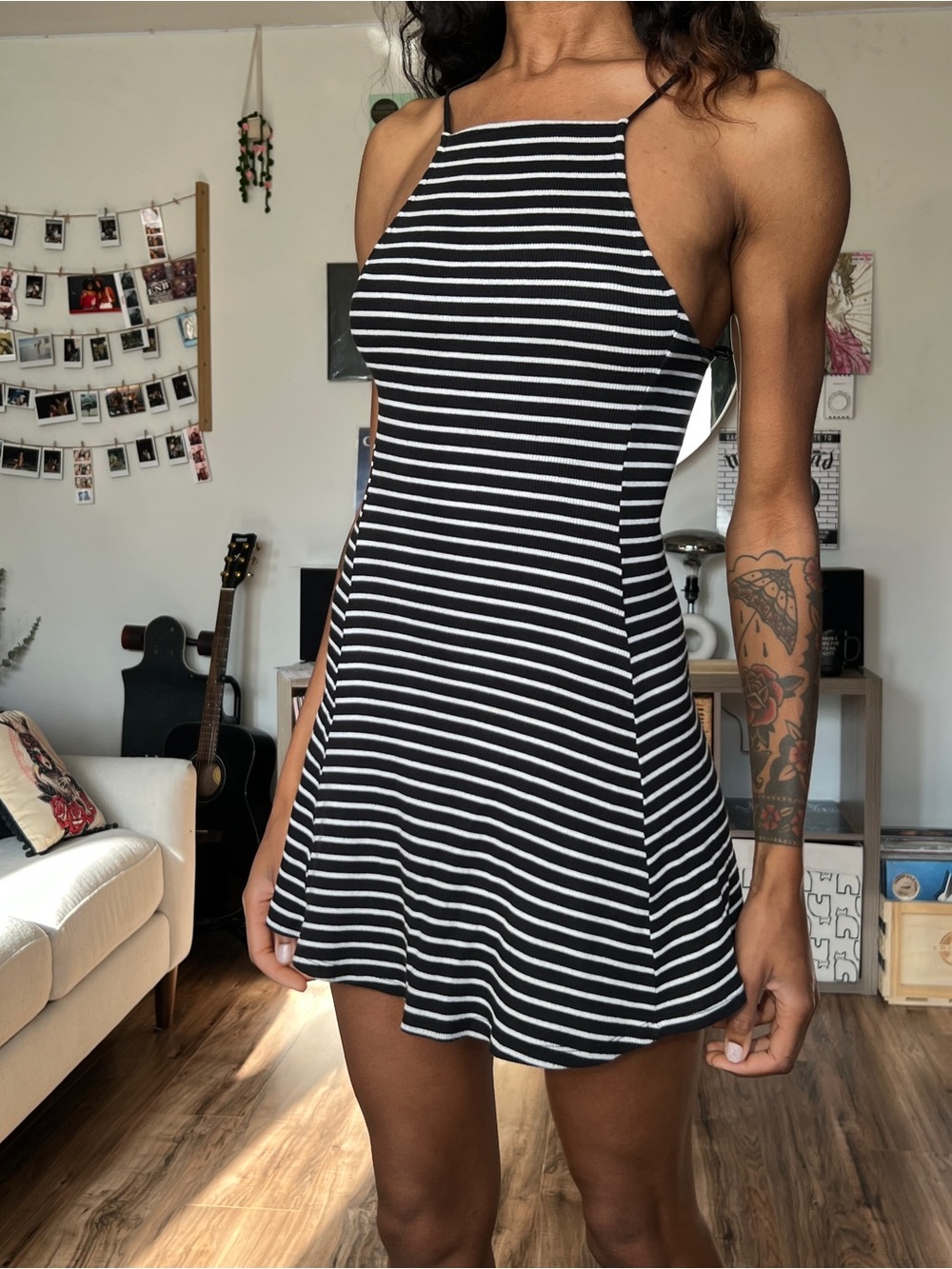 Forever 21 Black and White Striped Ribbed Dress